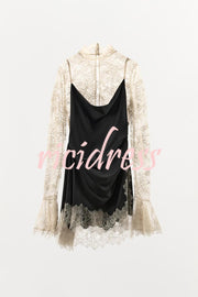 Gothic Romantic Lace Satin Patchwork High Neck Bell Sleeve Loose Mini Dress