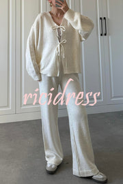 Solid Color V-neck Tie Long-sleeved Loose Knit Cardigan and Elastic Waist Casual Straight Leg Pants Set