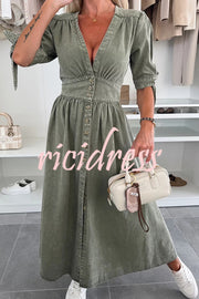 Solid Color V-neck Button-down Denim Midi Dress