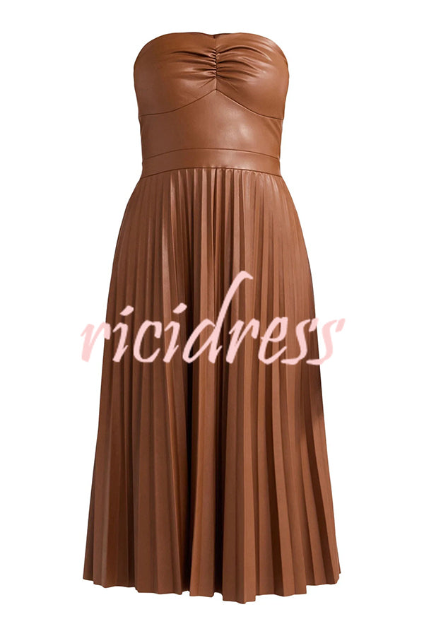 My Juliet Faux Leather Off Shoulder Strapless Pleated Stretch Midi Dress