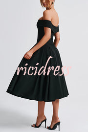 Princess Temperament Batdot Neck Pleat Detail Midi Dress