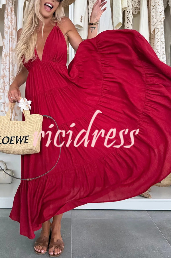 Bohemian Style V-neck Backless Slip Layered Vacation Maxi Dress