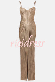 Vegas Queen Metallic Pleated Sculpted Bodice Back Lace-up Drape Maxi Dress