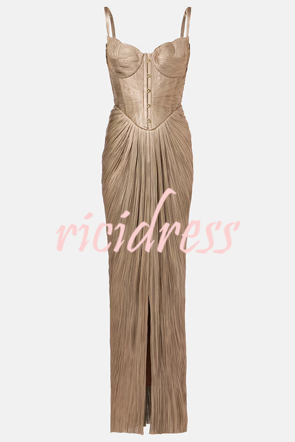 Vegas Queen Metallic Pleated Sculpted Bodice Back Lace-up Drape Maxi Dress