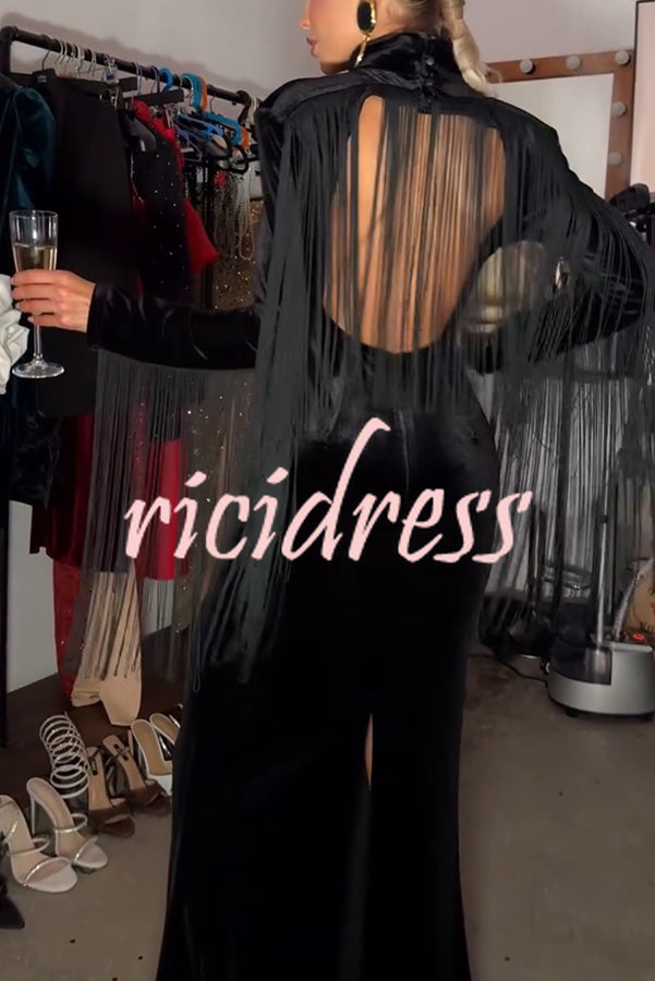 Eve Velvet Open Back Tassel Trim Long Sleeve Slit Maxi Dress