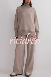 Berner High-Neck Long Sleeve Side Zipper Sweatshirt and Elastic Waist Pocketed Loose Pants Set