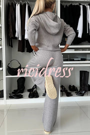 Solid Color Loose Hooded Tie Sweatshirt and Elastic Waist Casual Straight Pants Set
