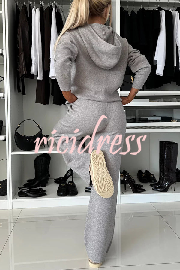 Solid Color Loose Hooded Tie Sweatshirt and Elastic Waist Casual Straight Pants Set