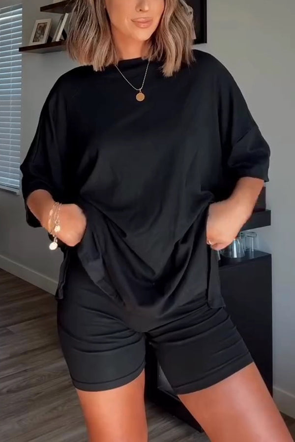 Solid Color Loose Short-sleeved Top and Stretch Casual Shorts Set