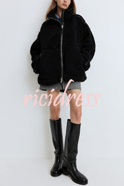 Solid Color Stitching High Collar Long Sleeve Loose Pocket Woolen Coat