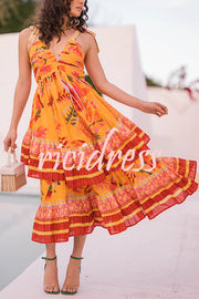 Tropical Sunset Unique Print Pleated Tie-up Straps Tiered Midi Dress