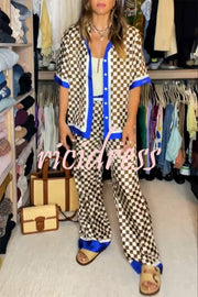 Olivia Satin Checkerboard Colorblock Print Shirt and Elastic Waist Pocketed Loose Pants Set