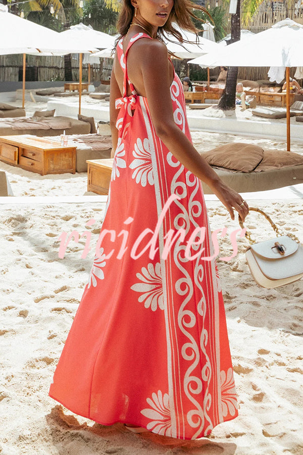 Unique Print Square Neck Open Back Tie Bow Holiday Maxi Dress