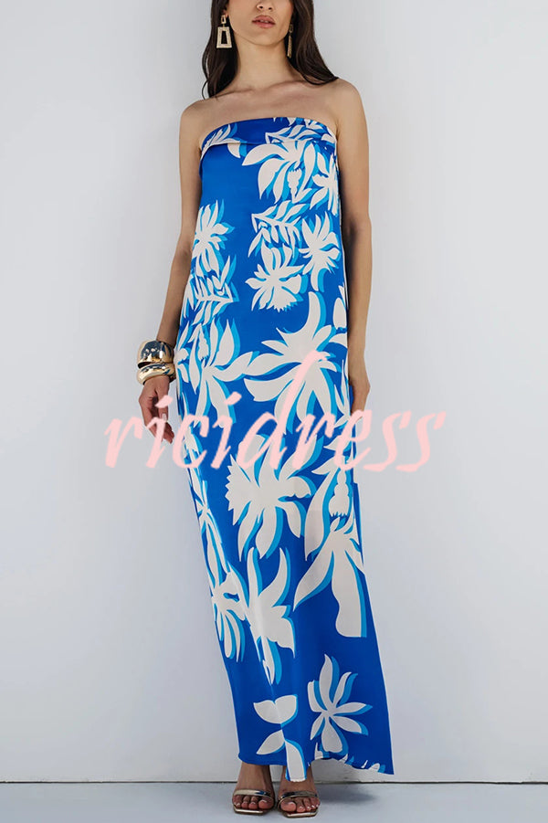 Fashion Vacation Satin Unique Print Off Shoulder Maxi Dress
