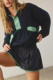 Fashion Contrast Color Stitching Stand Collar Long Sleeve Top and Elastic Waist Loose Pocket Shorts Set