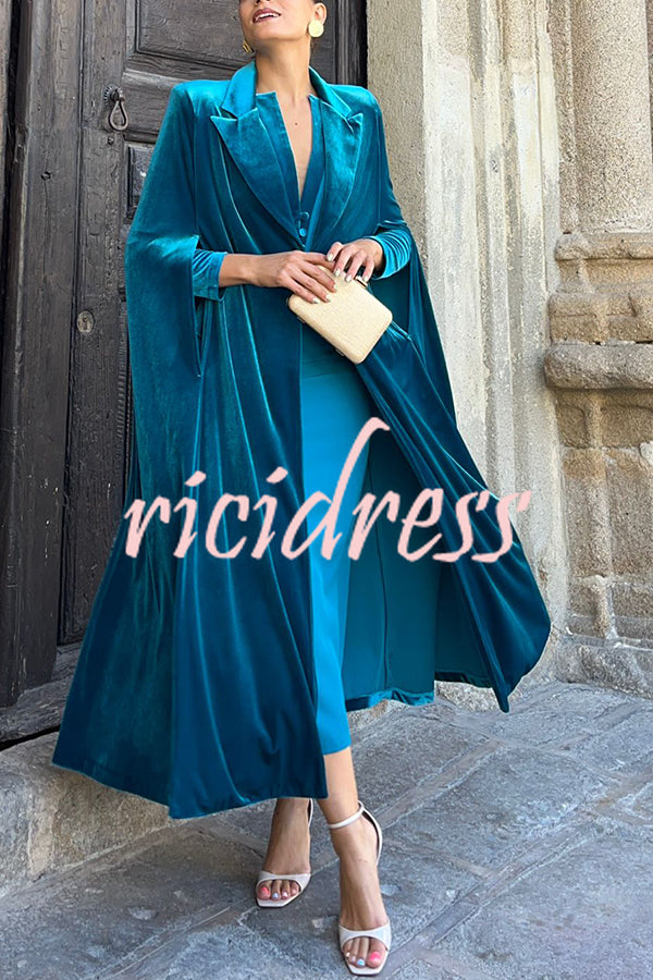 Olivienne Luxurious Velvet Padded Shoulders Slit Sleeve Lapel Midi Cape