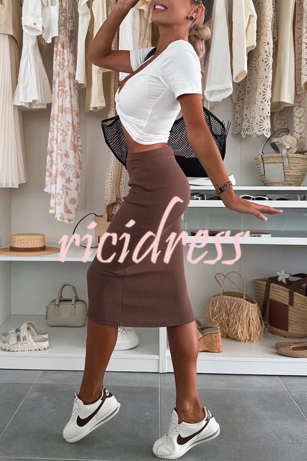 Perfect Basics Ribbed Knit Elastic Waistband Stretch Midi Skirt