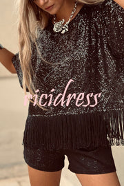 Full of Surprises Sequin Short Sleeve Tassle Trim Loose Top