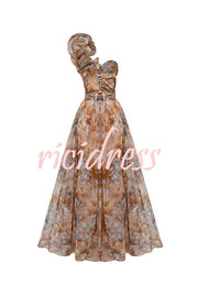 Romantic Ball Chiffon Floral One-shoulder Pleated Design Back Lace-up Gown Maxi Dress