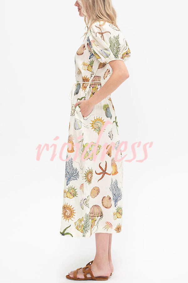 Beach Shell Print Puff Sleeve Tie-Waist Casual Midi Dress