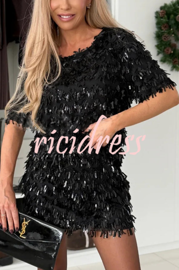 Polished Uptown Sequin Tassel Round Neck Short Sleeve Top and Elastic Waist Mini Skirt Set