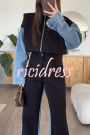 Sports Fashion Denim Patchwork Sweatshirt Fabric Zipper Long Sleeve Loose Jacket
