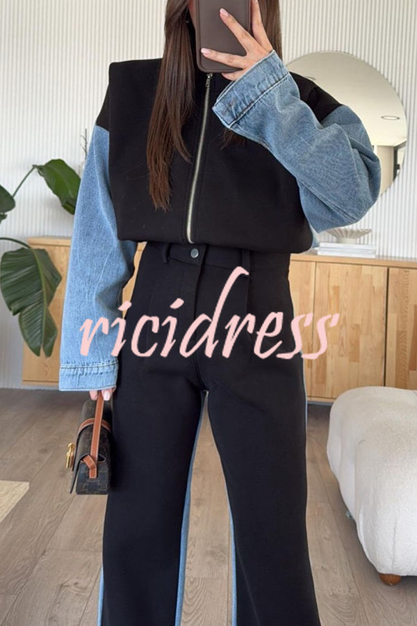 Sports Fashion Denim Patchwork Sweatshirt Fabric Zipper Long Sleeve Loose Jacket
