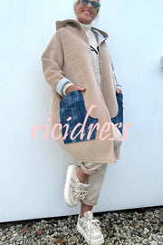 Soft and Warm Zipper Denim Pocket Long Sleeve Hooded Midi Sweatshirt Coat