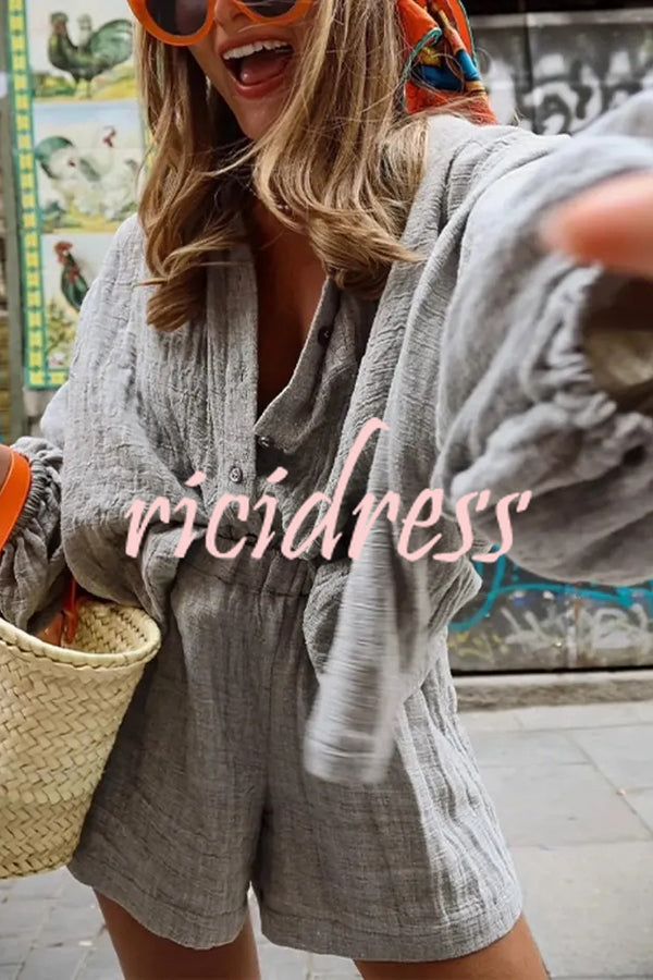 Solid Color Lapel Long Sleeve Loose Shirt and Elastic Waist Casual Pocket Shorts Set