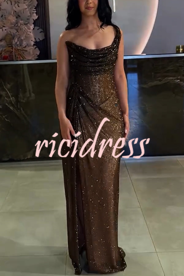 Glitzy Gala Glitter Fabric One Shoulder Ruched Slit Maxi Dress