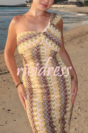 Colorful Zigzag Pattern Lace One-shoulder Slim Vacation Midi Dress