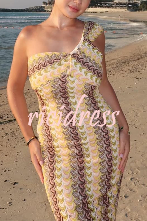 Colorful Zigzag Pattern Lace One-shoulder Slim Vacation Midi Dress