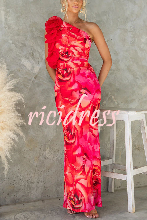 Floral Print Sleeveless 3D Flower One Shoulder Slim Maxi Dress