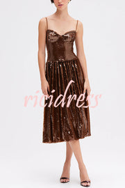 Enchanted Night Sequin Low-cut Corset Balloon Hem Slip Midi Dress