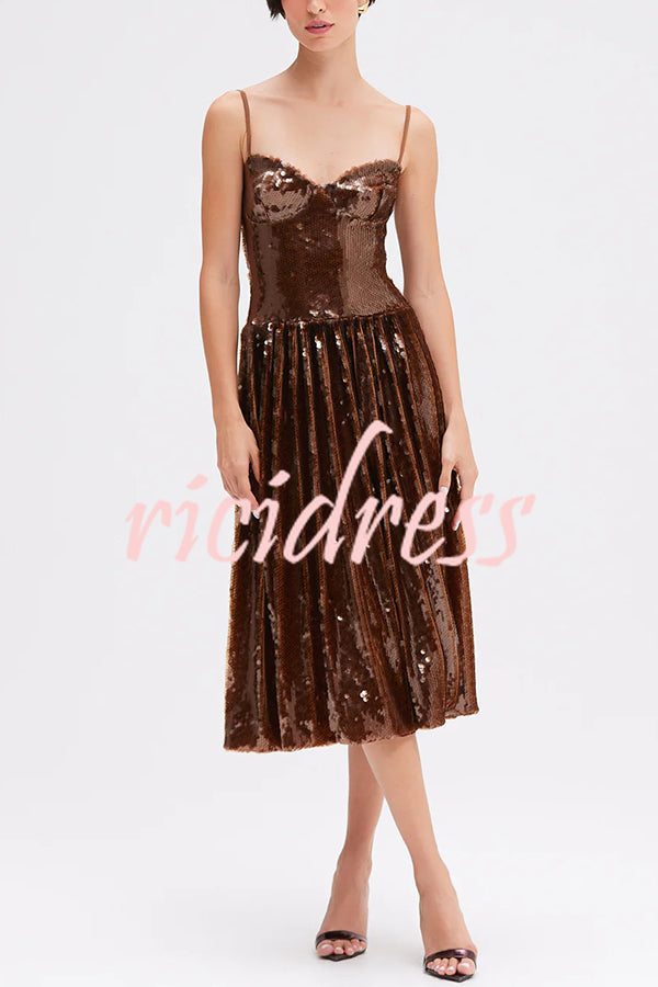 Enchanted Night Sequin Low-cut Corset Balloon Hem Slip Midi Dress