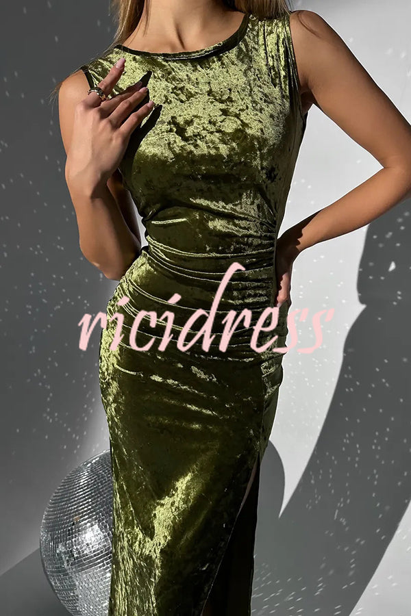 Solid Color Velvet Round Neck Sleeveless Slim Slit Maxi Dress