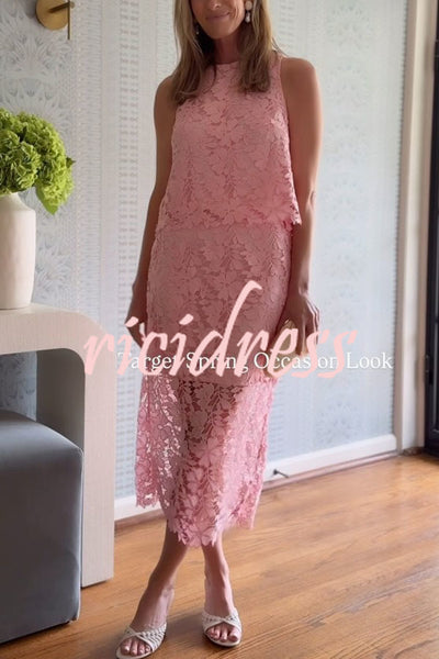 Elegant Choice Floral Lace Loose Tank and High Rise A-line Midi Skirt Set