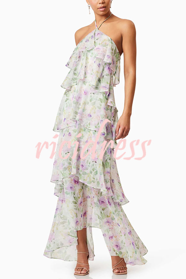 Cocktail Party Sheer Floral Georgette Halter Flowy Tiered Maxi Dress