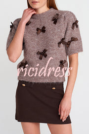 Jensin Knit Satin Bow Detail Short Sleeve Crop Sweater