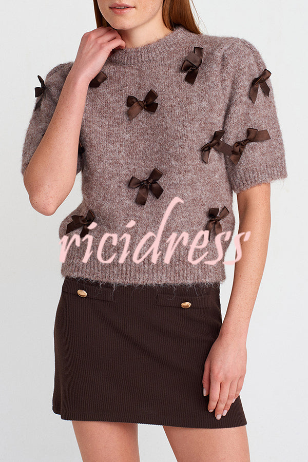 Jensin Knit Satin Bow Detail Short Sleeve Crop Sweater