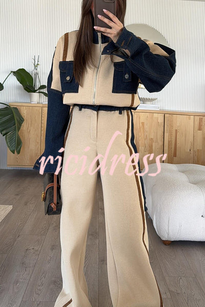 Chill Whispers Denim Patchwork Sweatshirt Fabric Striped Elastic Waist Pocket Loose Pants