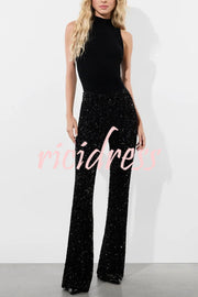 Sparkle Season Sequin High Rise Elastic Waist Stretch Flare Party Pants