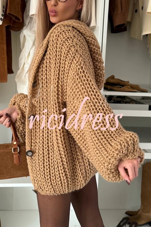 Warm Day Knit Button Up Long Balloon Sleeve Hooded Loose Cardigan