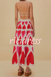 Full of Love Heart Shape Print Cutout Spaghetti Strap Backless Maxi Dress