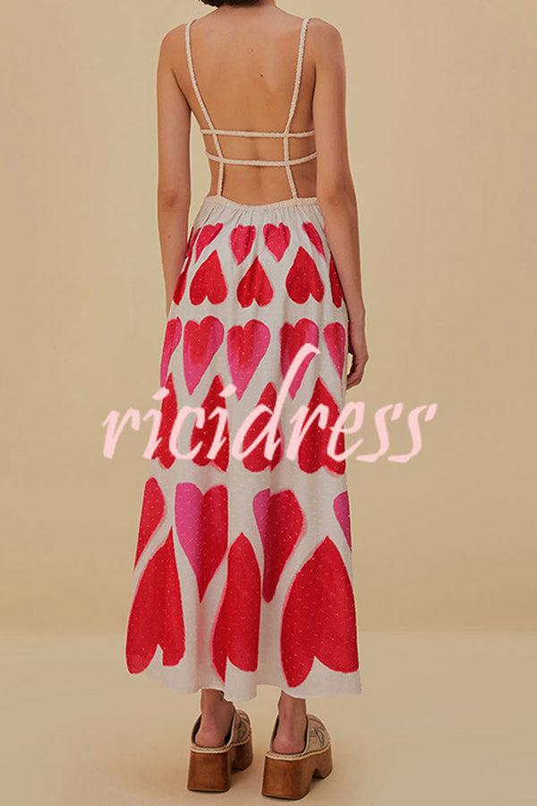 Full of Love Heart Shape Print Cutout Spaghetti Strap Backless Maxi Dress