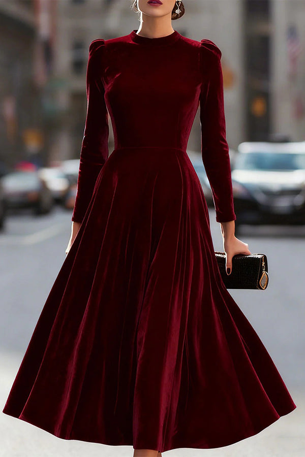 Solid Color Velvet Round Neck Long Sleeve Elegant Maxi Dress