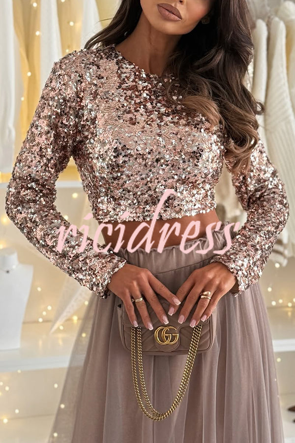 Holiday Party Sequin Long Sleeve Back Satin Tie-up Crop Top