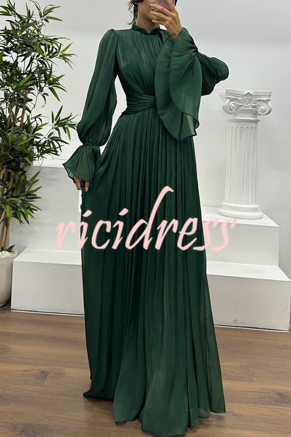 Ellah Shiny Fabric Chinese Stand Collar Twist Waist Balloon Sleeve Maxi Dress
