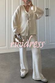 Solid Color V-neck Tie Long-sleeved Loose Knit Cardigan and Elastic Waist Casual Straight Leg Pants Set