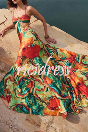 Volcanic Magma Printed Metal Decoration Cutout Back Tie-up Vacation Maxi Dress
